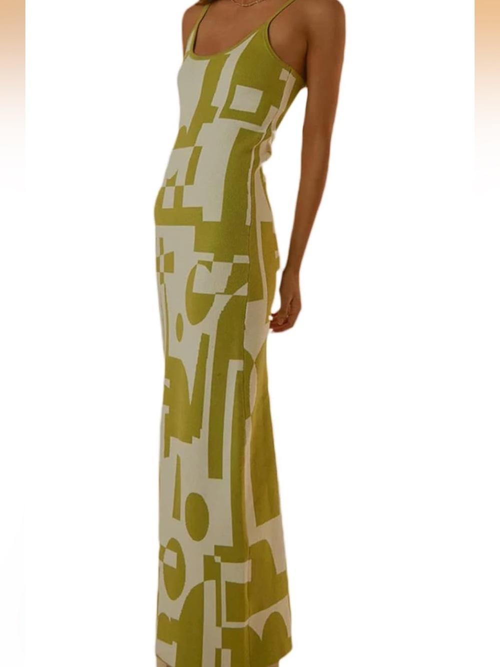 Abstract Print Spaghetti-Strap Midi Dress in Olive & White